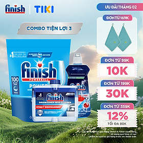 Combo Finish tiện lợi 3: Túi 100 Viên Rửa Bát All In 1+ Nước Làm Bóng Finish 500ml +Dung Dịch Vệ Sinh Máy Finish 250ml
