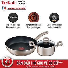Combo Chảo chiên Tefal Sensation H9100614 28 cm & Nồi chống dính Tefal Sensation H9104614 24cm - Cảnh báo nhiệt - Dùng cho mọi loại bếp - Hàng chính hãng