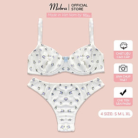 Set đồ lót nữ áo lót có gọng tròn cup ngang quần nửa môngcao cấp thoáng khí kháng khuẩn trắng hoa xanh Mebra S011