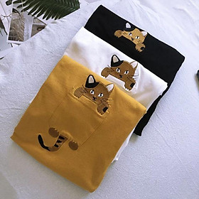 Áo nữ, áo thun nữ, áo uzzlang, áo tay lỡ, áo thun thêu hình mèo, áo mèo, áo tay lỡ unisex from rộng nữ, áo bigsize nữ