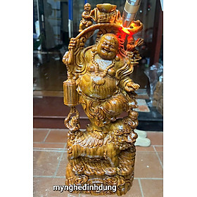 Tượng phật di lặc ngũ phúc bằng gỗ huyết long đẹp long lanh kt 40x16x11cm 