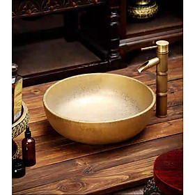 Lavabo để bàn kiểu tròn bằng gốm màu vàng nhám nghệ thuật