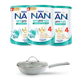 Bộ 3 lon Sữa bột Nestlé NAN OPTIPRO PLUS 4 800g/lon với 5HMO Giúp tiêu hóa tốt + Tăng cường đề kháng  + Tặng  Chảo Elmich - Bé 2-6 tuổi