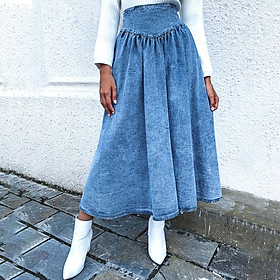 Fashion Women Winter Denim Skirt Solid Color High Waist Pleated Zipper Casual Skirt