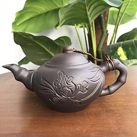 ẤM PHA TRÀ đất nung Bát Tràng hoạ tiết Hoa sen khắc chìm 250ml