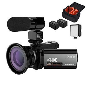 Máy Ảnh Andoer 4K 48MP Wifi + Micro Ngoài + Ống Kính Góc Rộng 0.39X + Đèn LED Video Mini + 2 Pin + Túi Máy Ảnh - Đen