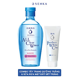 Combo Nước tẩy trang dưỡng trắng Senka All Clear Water Micellar Formula White 230ml + Sữa rửa mặt tạo bọt chiết xuất đất sét trắng Senka Perfect White Clay 50g