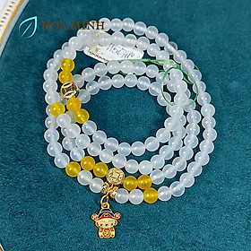 Vòng tay chuỗi 108 hạt Mã Não trắng 6 li phối đá Mã Não vàng, charm Thần Tài bạc xi vàng Bình An Tài Lộc - 16-17.5cm