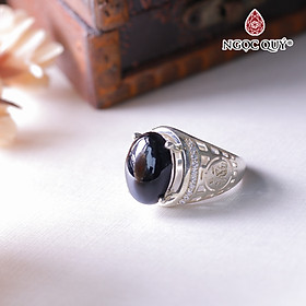 Nhẫn bạc nam mặt đá obsidian đường kính 19 mm mệnh thủy , mộc - Ngọc Quý Gemstones