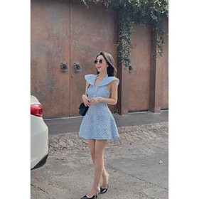 Đầm váy hở lưng cotton xốp phồng xanh dương xoè cọc tay cổ V đi biển dự tiệc dạo phố bigsize