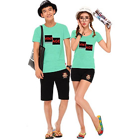 Bộ Áo Thun Đôi Nam Nữ Vitage Màu Xanh Ngọc
