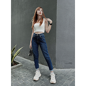 Quần jean nữ boyfriend baggy trơn dài co giãn HQJEANS - Xanh đậm - 26