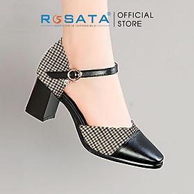 Giày cao gót nữ ROSATA RO524 mũi nhọn họa tiết caro quai hậu cài khóa dây mảnh gót vuông cao 5cm xuất xứ Việt Nam - Đen