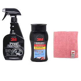 Combo Chai Xịt Chăm Sóc Lốp (473ml) Và Dung Dịch Chống Bám Nước Trên Kính Xe 3M (200ml) + Tặng Khăn Lau Xe Hơi 3M