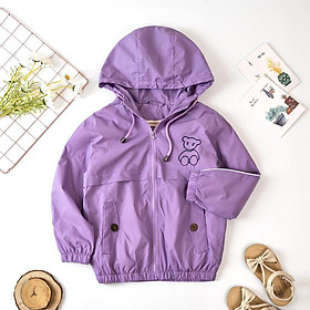 Áo khoác gió cho bé gái 6-14 tuổi thêu Gấu màu tím, Áo gió trẻ em cao cấp lót cotton hàng Quảng Châu