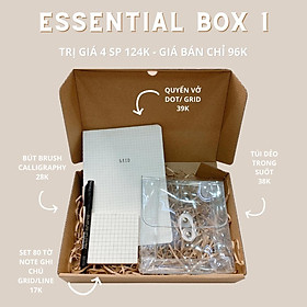 Hình ảnh Essential Box Ver. 1 - Stationery Gift Box - Bút Brush Calligraphy, Sổ Dot Grid, Giấy Note Caro Ô Vuông, Túi Bút Dẻo Tro