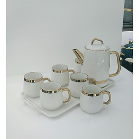 Bộ ấm chén ( bình trà ) uống trà sứ trắng viền vàng kèm khay kiểu Bắc Âu