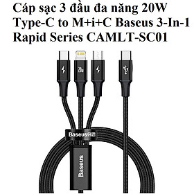 Cáp sạc 3 đầu đa năng 20W Type-C to M+i+C Baseus 3-In-1 Rapid Series CAMLT-SC01 - Hàng chính hãng - Màu Đen