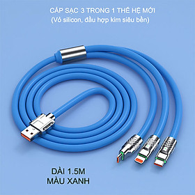 Cáp sạc thế hệ mới 60W, 3 in 1, vỏ silicon, đầu bằng hợp kim rất bền, dài 1.5m