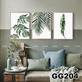 Tranh treo tường canvas 3 bức phong cách hiện đại Bắc Âu 115, tranh lá cây trang trí phòng khách, phòng ngủ, spa