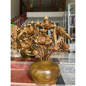 1 Bình hoa sen trang trí phòng thờ phòng khách 25 cành ,hoa ,lá ,gương bằng gỗ mun đuôi công vân gỗ quá đẹp, 