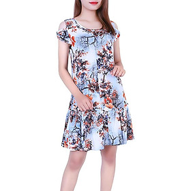 Váy đầm lanh Thái 3D Vicci TVN004.3 thiết kế tay ngắn dáng đuôi cá suông nhẹ phối họa tiết hoa nền xanh nâu phù hợp mặc nhà, đi chơi