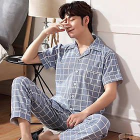 M2017-Bộ Pijama nam cộc tay cotton 100% thoáng mát mềm mại, kiểu dáng cơ bản, kẻ caro trẻ trung, size L-3XL