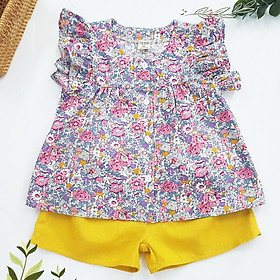 Đồ bộ cho bé gái áo tím hoa nhí quần vàng set trang phục bé gái từ 1-10 tuổi (8-36kg)