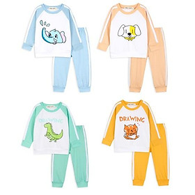 Bộ Quần Áo Dài Tay Cotton 100% Raglan In Hình Động Vật Kẻ Sọc Quần và Vai