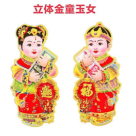 Mua Cặp tranh 3D cô cậu dán tường - kính trang trí Tết - decal trang trí kính tết