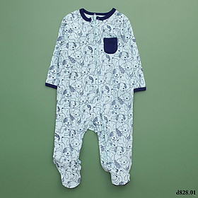 Body liền bàn cotton màu xanh có túi ngực họa tiết chó cún cho bé