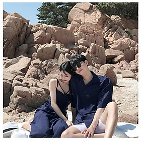 Set áo váy đôi nữ váy dài hai dây nam sơ mi cao cấp màu xanh đen chất đẹp - ÁO ĐÔI COUPLE - AV01