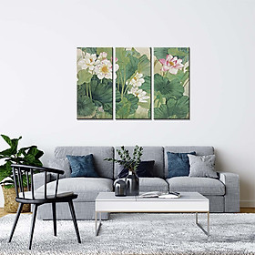 Bộ 3 tranh canvas treo tường hoa sen trắng nở rộ - HS006