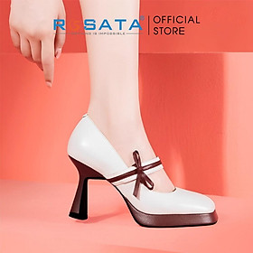 Giày cao gót nữ ROSATA RO546 mũi tròn phối nơ quai ngang xỏ chân êm ái gót nhọn cao 7cm xuất xứ Việt Nam - Trắng