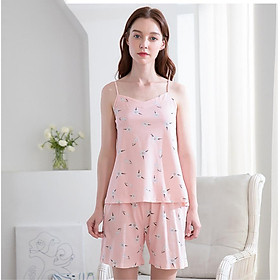 Red Bean Home 2019 Spring and Summer New Women Pajamas Cotton Flower Sling Shorts Home Service Set 328 Shrimp 175/96A