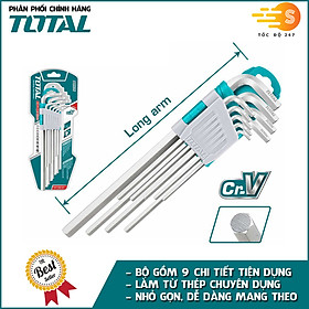 Bộ 9 chìa lục giác 1.5mm - 10mm đa năng TOTAL THT106191 - Nhỏ gọn, chất liệu thép chuyên dụng CR-V, dễ dàng bỏ túi mang theo