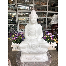Tượng Phật Thích Ca ngồi đài sen đá cẩm thạch trắng - Cao 40 cm