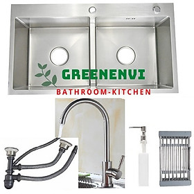 Combo chậu rửa chén bát inox GRENENVI SUS304 hai hố cân 8245, vòi rửa bát cổ ngỗng nóng lạnh kèm dây cấp, bộ xả chậu, bình xà phòng, rá inox gác chậu