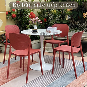 Bộ bàn cafe tiếp khách văn phòng Bộ bàn ăn tròn mặt đá 4 ghế nhựa xếp chồng nhỏ gọn SL TULIP 2-08E3 / CAT