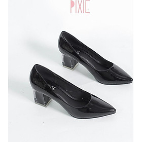 Giày Cao Gót 5cm Da Bóng Mũi Nhọn Đế Vuông Phối Mica Pixie P006