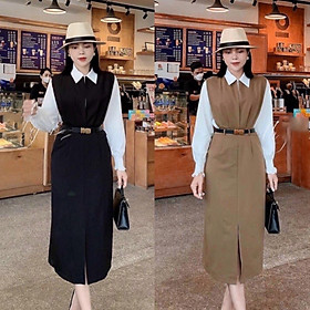 Set 3 món áo sơ mi trắng mix váy gile 2 lớp kèm thắt lưng hot trend siêu sang chảnh