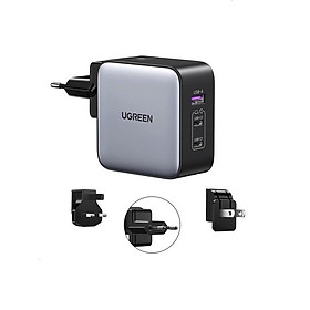 Ugreen 90409 65W Bộ sạc nhanh Nexode GaN 2 cổng USB Type-C + USB-A Màu Đen kèm 3 chuẩn cắm US EU UK cd296 - Hàng chính hãng
