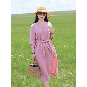 Đầm Linen nữ form suông rộng, thiết kế cổ V thời trang, đầm trơn có kèm dây thắt eo AH198