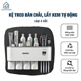 Hộp đựng bàn chải kem đánh răng nhà tắm tặng kèm 4 cốc-Kệ để đồ vệ sinh răng miệng dán tường (màu ngẫu nhiên)