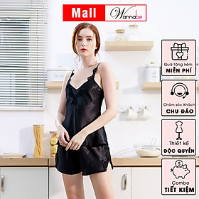 Đồ bộ mặc nhà lụa cao cấp WANNABE BSS39 đồ bộ quần sọt phối áo 2 dây lưng cut-out viền ren gợn sóng trẻ trung quyến rũ