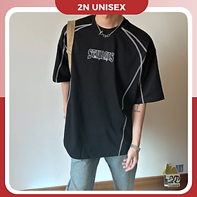Áo phông nam nữ form rộng 2N Unisex thun cotton thêu chữ viền chỉ màu đỏ/đen