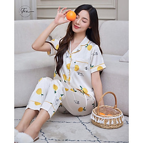 Bộ mặc nhà Pyjama lụa cao cấp Tea Store tay ngắn quần dài họa tiết quả cam xinh xắn