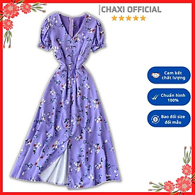 Đầm xòe lụa hoa màu tím tím cổ tim siêu xinh – D148266 - Hàng Quảng Châu