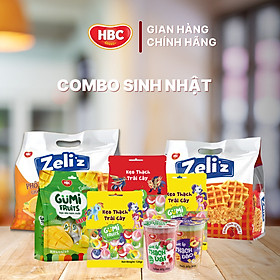 Combo Brithday - Trọn gói bánh kẹo - 3 Gói kẹo thạch trái cây 120Gr + 2 Lốc nước ép thạch mix vị 220Gr + 1 Gói kẹo Xoài 300Gr + 2 Gói bánh chà bông Zeli'z mix vị 156Gr - HBC Foods - Hàng chính hãng