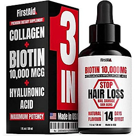 Biotin 10000 mcg - Hair Growth Vitamins - Includes Collagen and Hyaluronic Acid (3-in-1) - US Made - Organic and Natural Skin and Nails Vitamins - Liquid Oil Drops Against Hair Loss